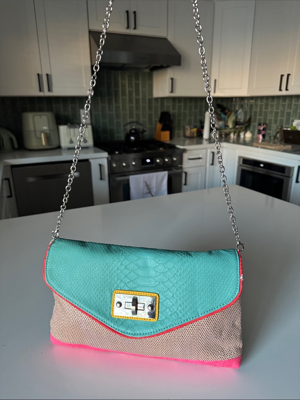 Teal and Beige Chain-Handle Crossbody Bag with Pink Trim